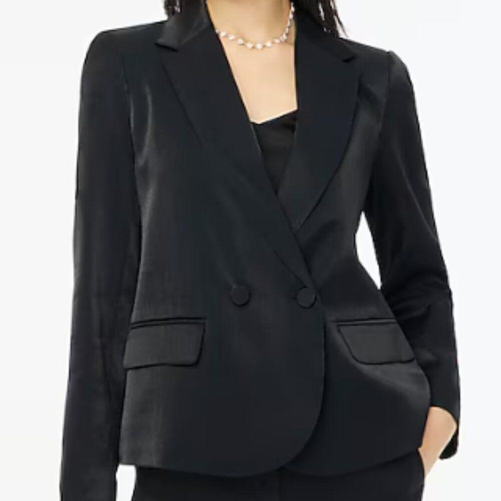 J Crew Women's Double Breasted Blazer Size 4 Lined High Shine Black Coat $220